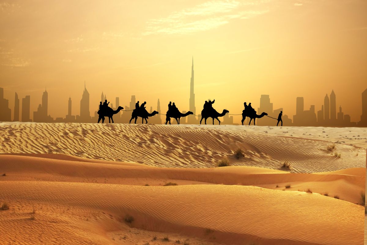 Velbloudí karavana před siluetou Dubaje Velbloudí karavana před siluetou Dubaje